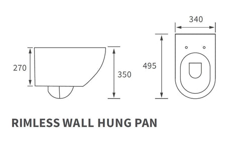 Rimless wall-hung toilet pan side view and top outline, white ceramic