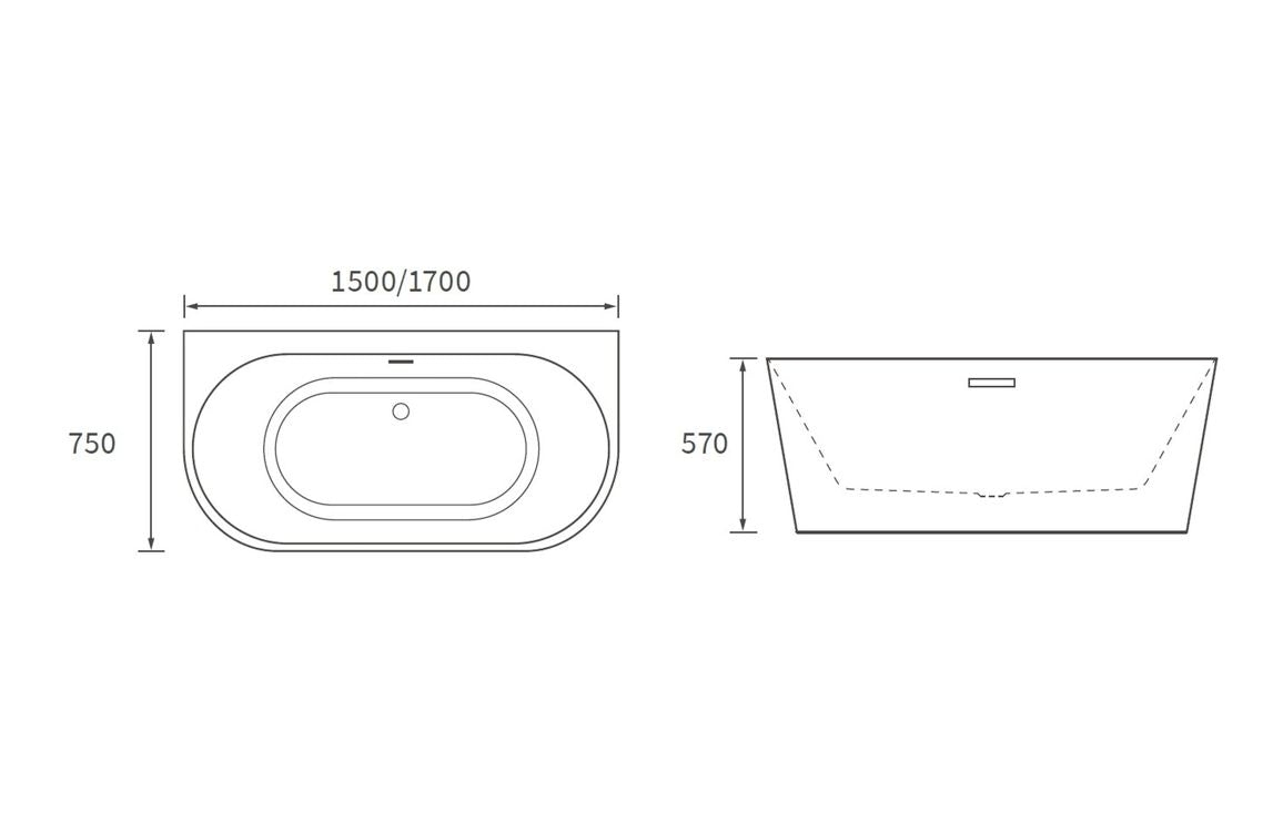 Freestanding bathtub size diagram: 1500/1700 x 750 x 570 mm