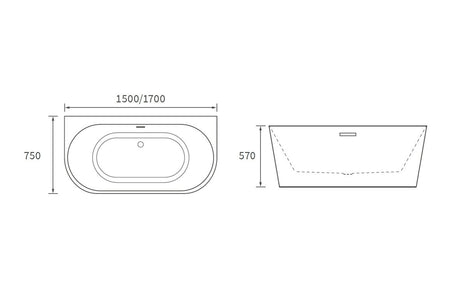 Freestanding bathtub size diagram: 1500/1700 x 750 x 570 mm