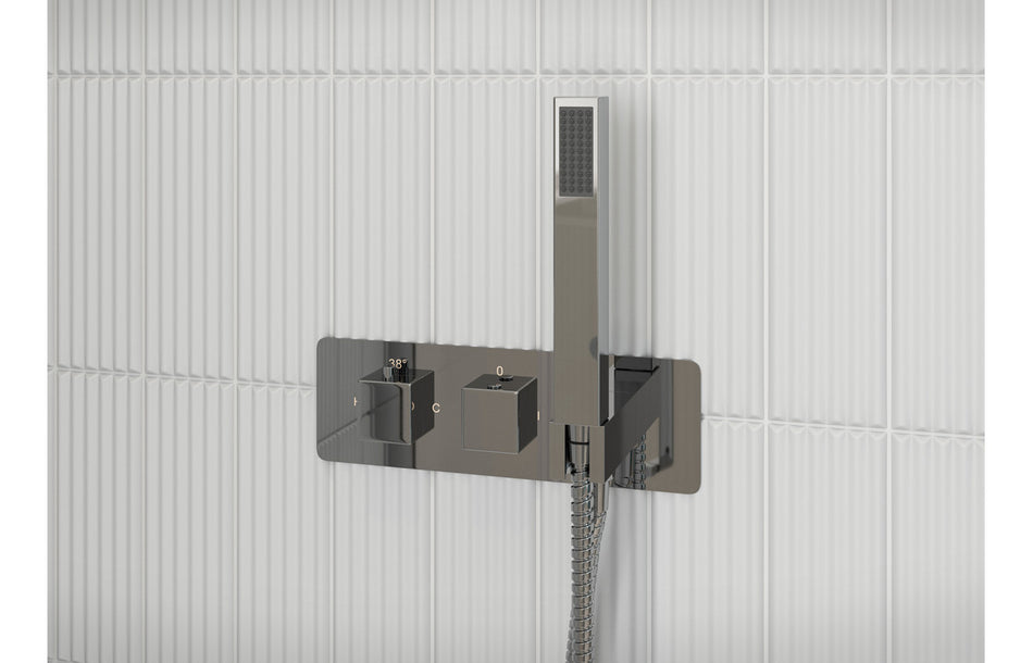 Chrome shower valve with dual outlet controls and vertical handheld hose