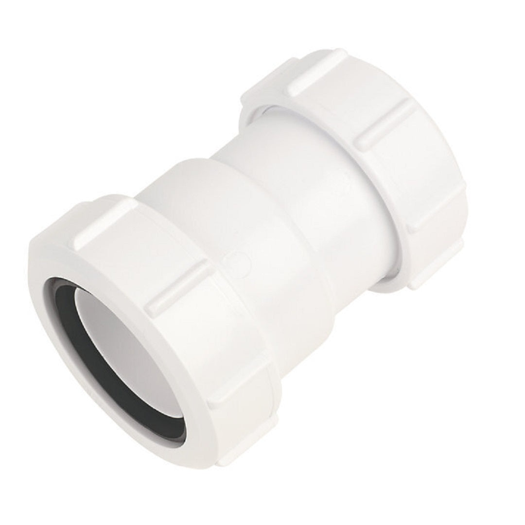 MCALPINE ST28M straight connector, white plastic pipe fitting, 32mm x 40mm