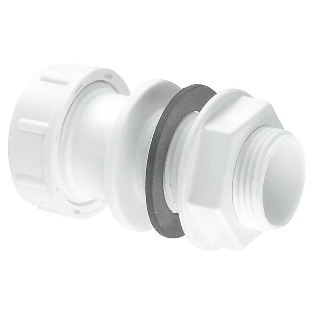 White 22mm straight overflow tank connector fitting with threaded end