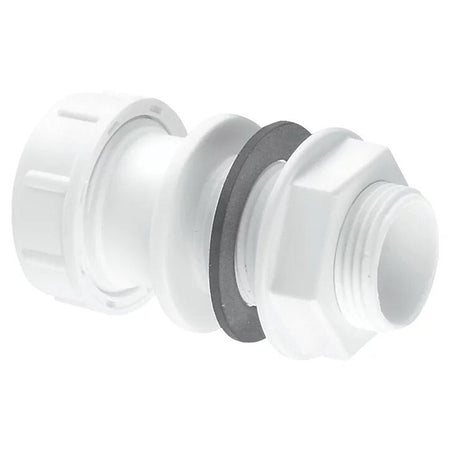 White 22mm straight overflow tank connector fitting with threaded end