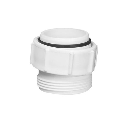 White plastic BSP coupler with black sealing ring and threaded ends