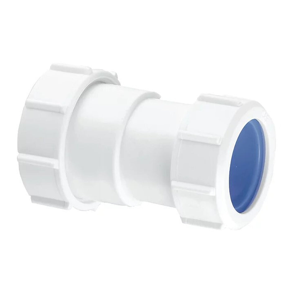 White straight ISO compression connector, 40mm x 38mm, with blue seal insert
