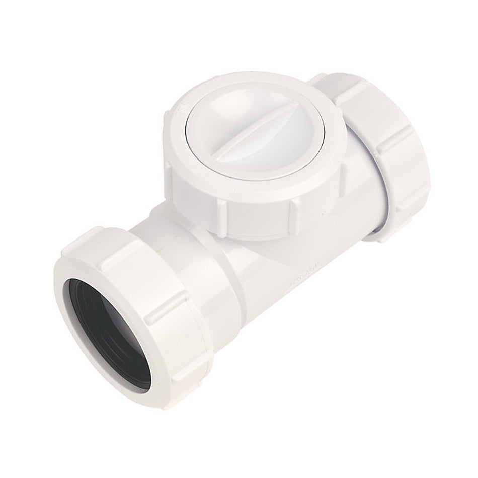 White 40mm non-return valve with end couplings and circular check cover