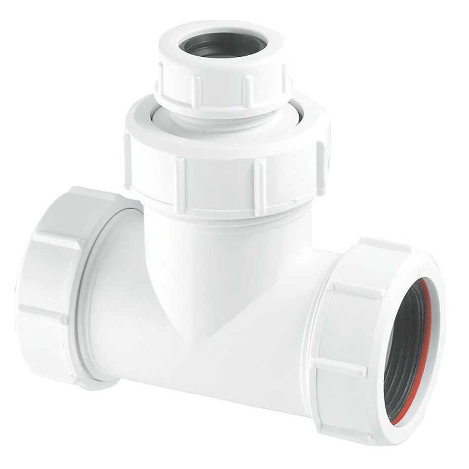 White 40mm PVC compression tee for condensate connections with rubber seal rings