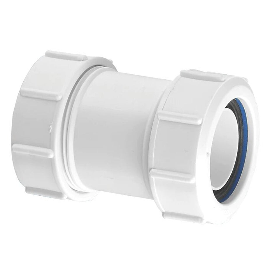 White compression straight coupler, 50mm x 50mm, with blue gasket seal