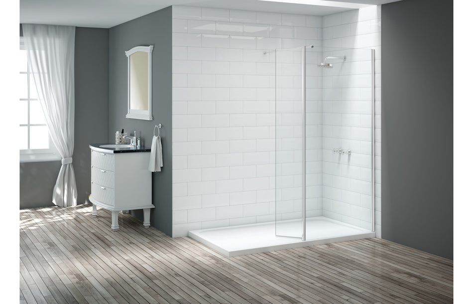 Clear glass swivel shower panel with metal frame and fixed edge trim