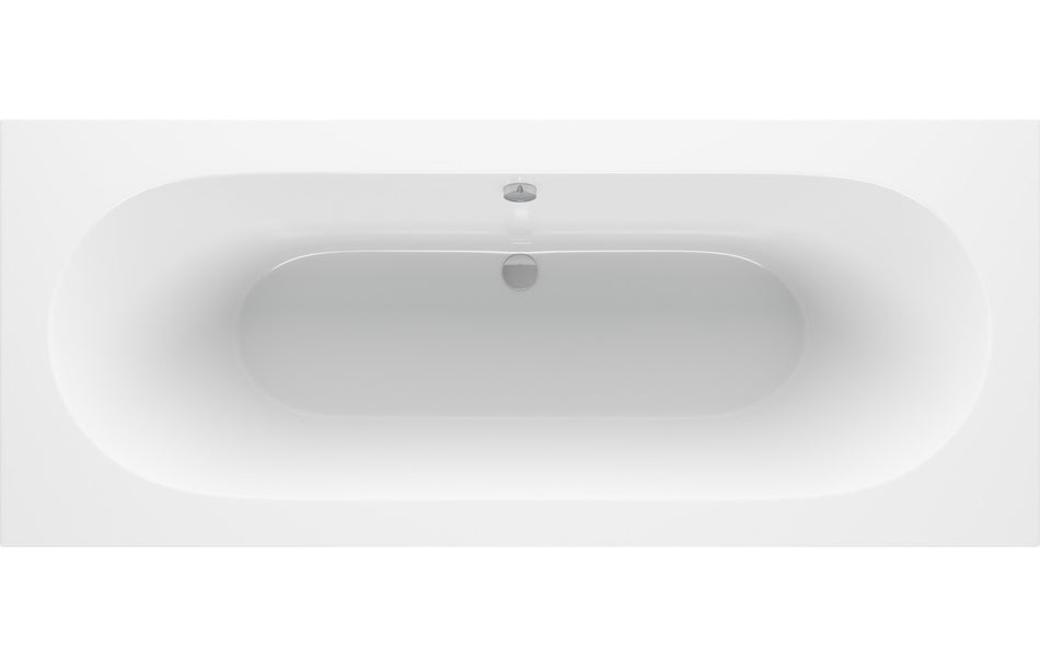 White oval bathtub with legs, built-in overflow, and center drain