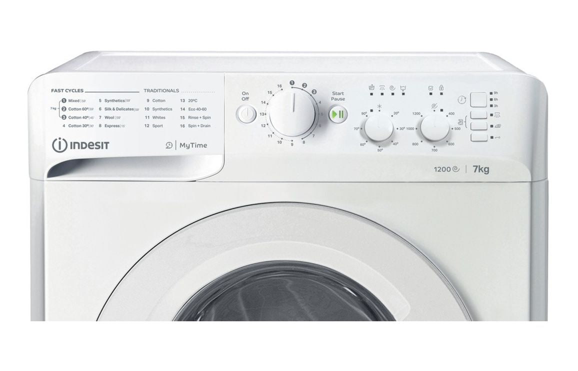 White washing machine front view showing control dials, buttons, and 1200 rpm 7kg details