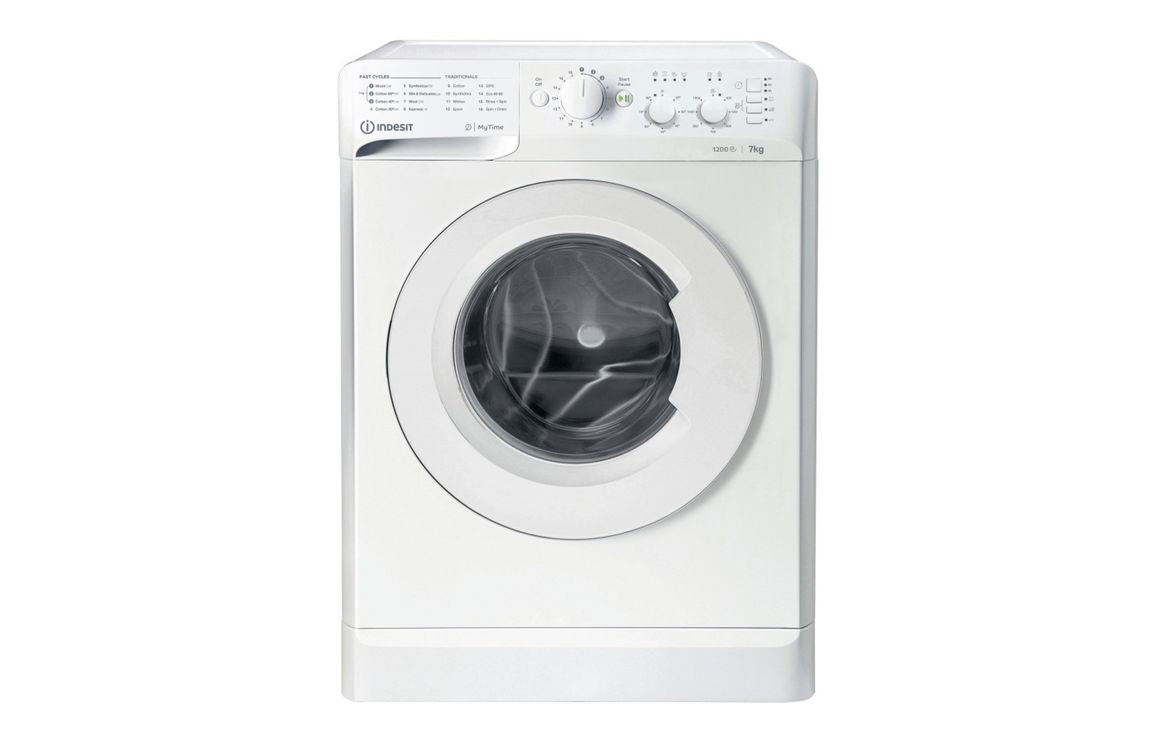 White front-loading washing machine with round door window and control panel top