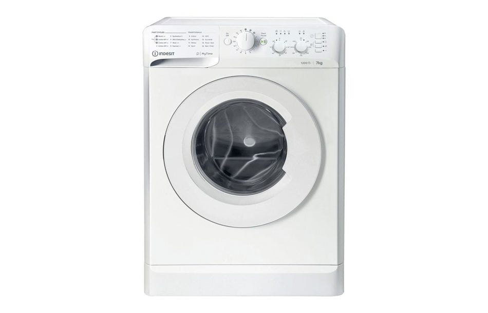White front-loading washing machine with round door window and control panel top