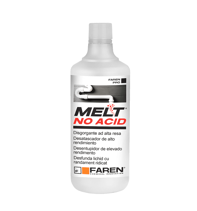 Drain cleaner bottle labeled Melt No Acid by Faren Pro