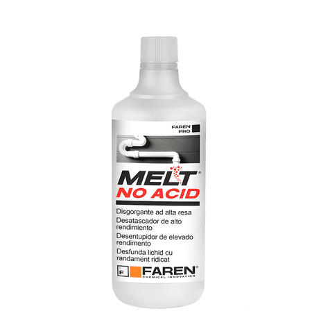 Drain cleaner bottle labeled Melt No Acid by Faren Pro