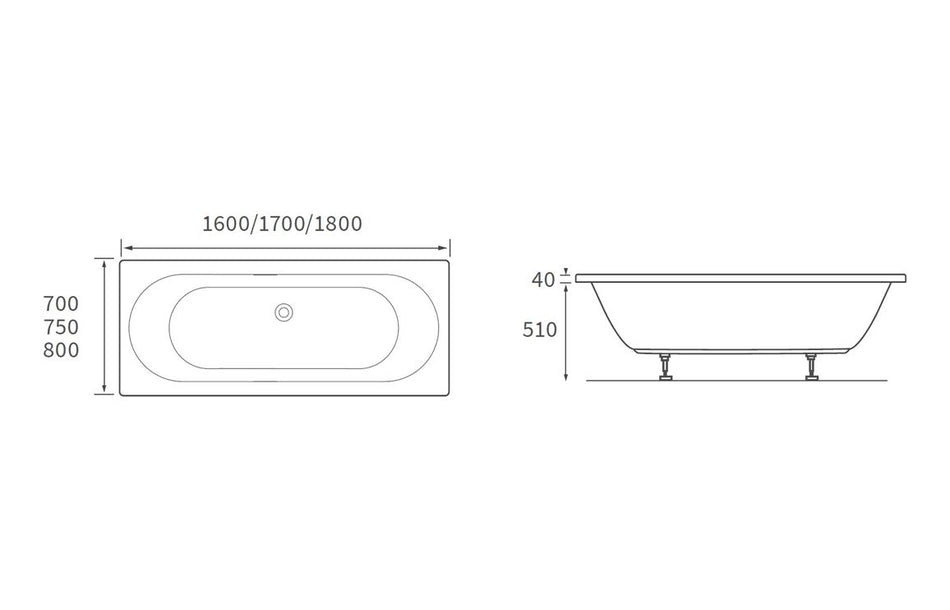 White oval bathtub technical diagram with dimensions and pedestal legs