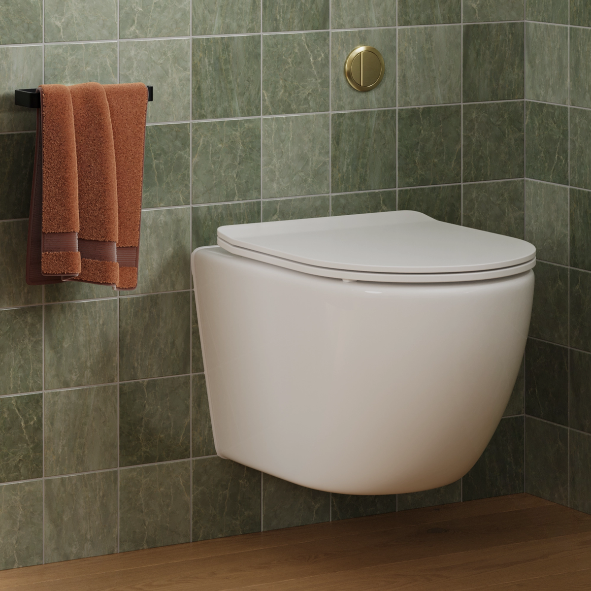 Wall-mounted toilet with white soft-close seat and rounded lid