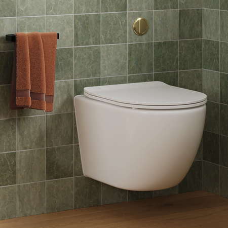 Wall-mounted toilet with white soft-close seat and rounded lid