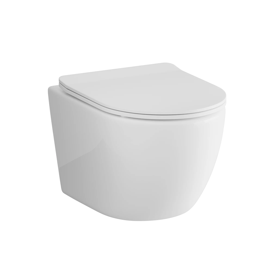 Wall-mounted toilet bowl with closed white seat and smooth rounded shape