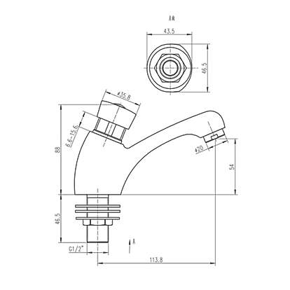 Basin tap technical line drawing with push button and key dimensions