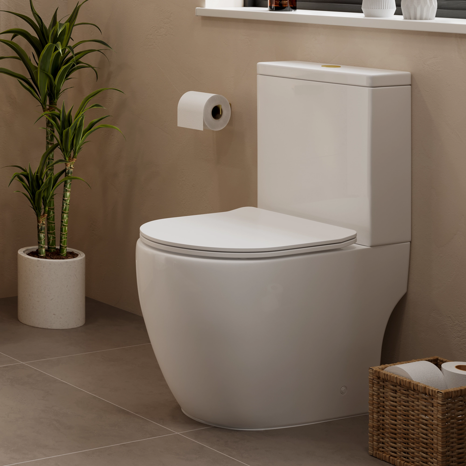 Close-coupled white WC with closed lid and rounded toilet bowl