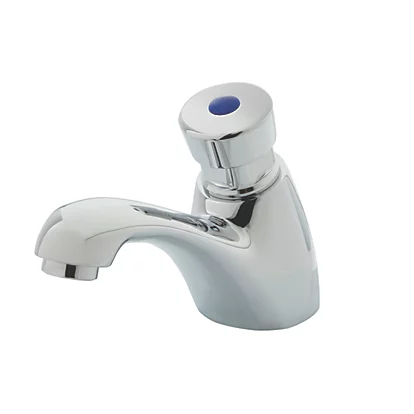 Chrome push-button basin tap with blue button, curved spout and single lever