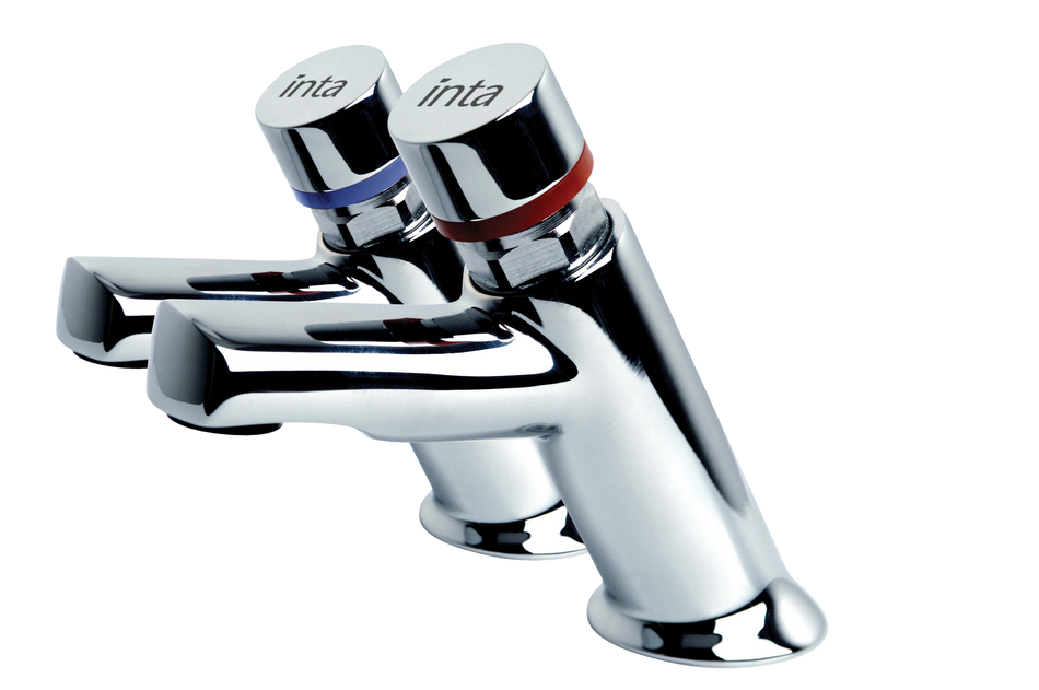 Contemporary chrome basin mixer tap with two round handles and curved spout