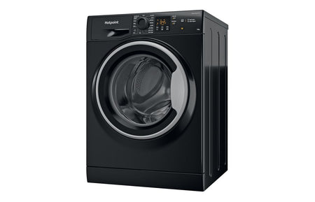 Hotpoint black freestanding front-load washing machine, side view with control panel