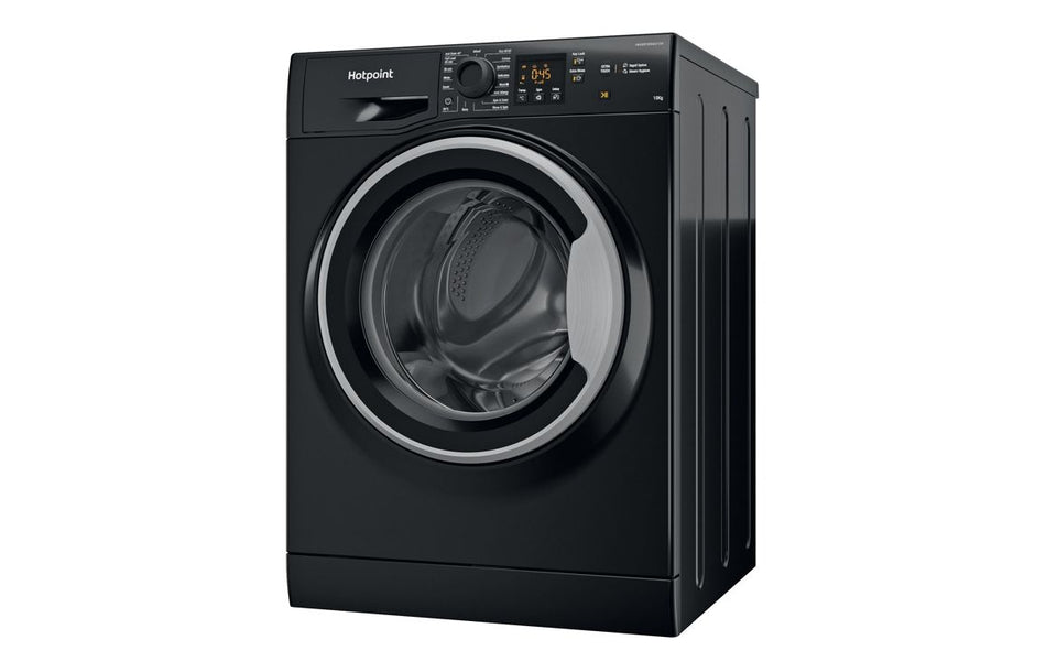 Hotpoint black freestanding front-load washing machine, side view with control panel