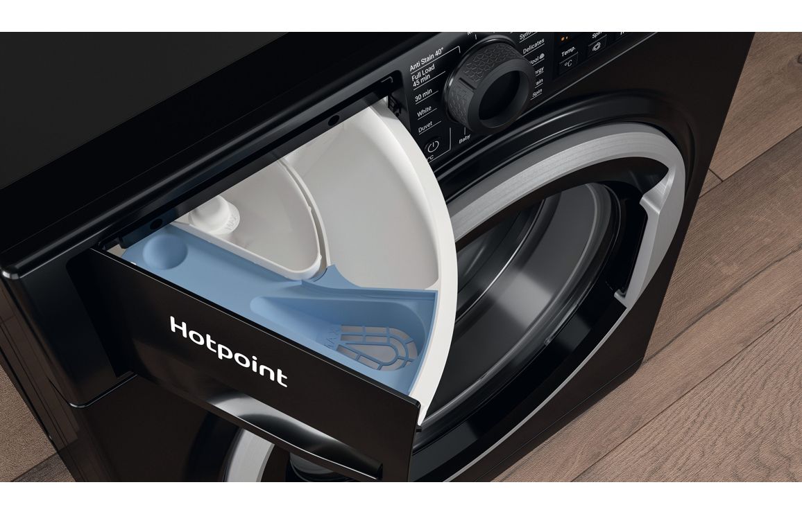 Hotpoint washing machine front dispenser drawer open with detergent compartment