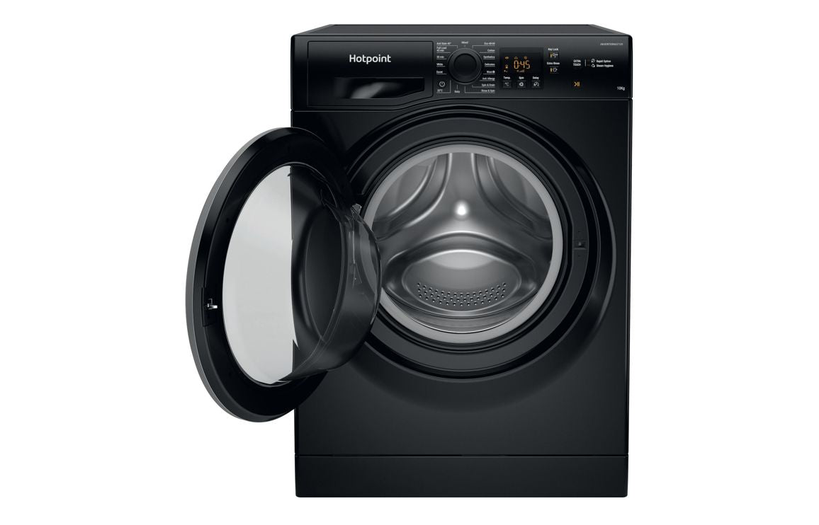 Hotpoint black washing machine with open door and round glass porthole window