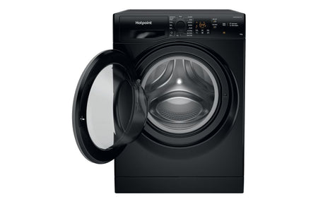 Hotpoint black washing machine with open door and round glass porthole window