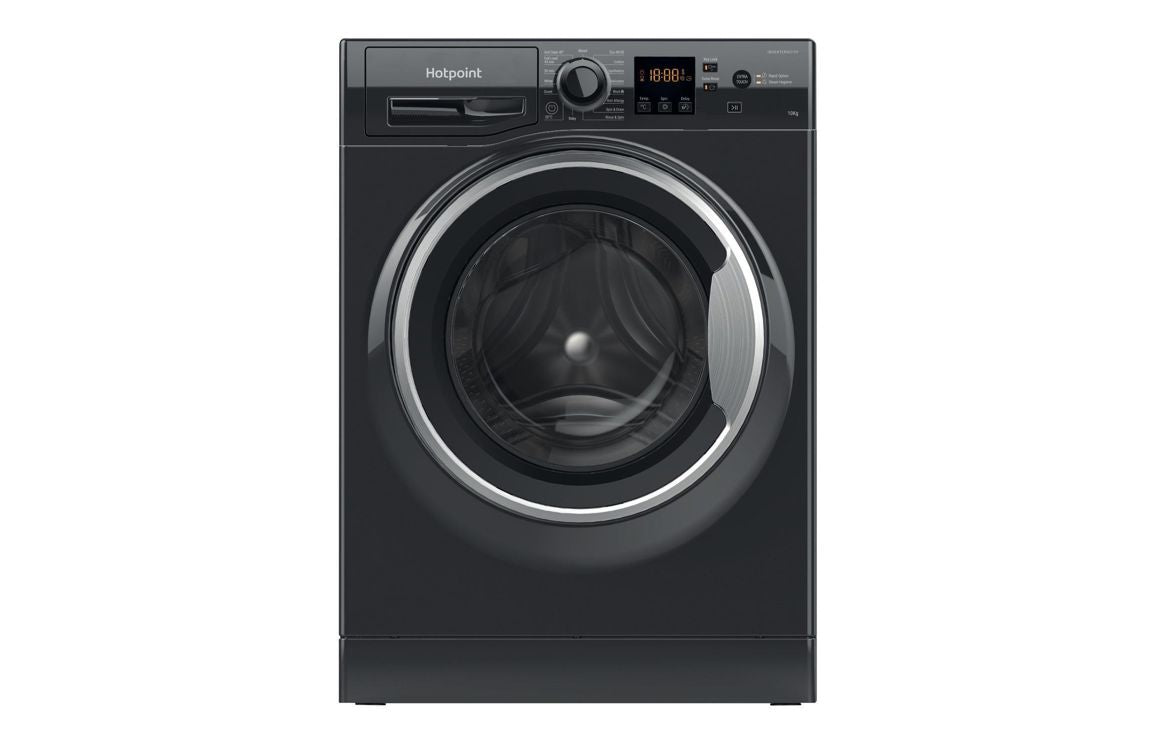 Hotpoint black freestanding front-load washing machine with round glass door