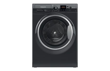 Hotpoint black freestanding front-load washing machine with round glass door