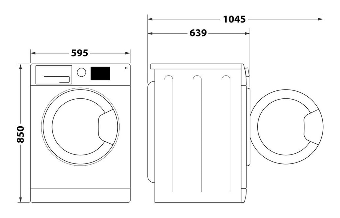 Washing machine dimensions: 595W x 850H mm; 639D, 1045 max
