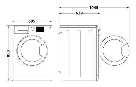 Washing machine dimensions: 595W x 850H mm; 639D, 1045 max