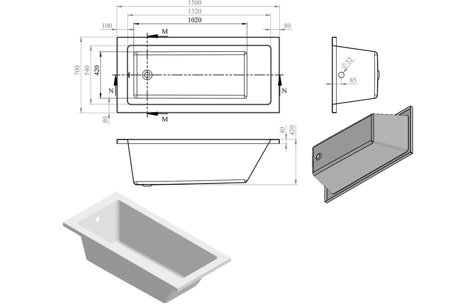 White square bath with legs, components and size diagram