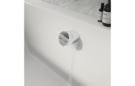 Bathtub overflow filler with integrated valve and circular control, water outlet spout