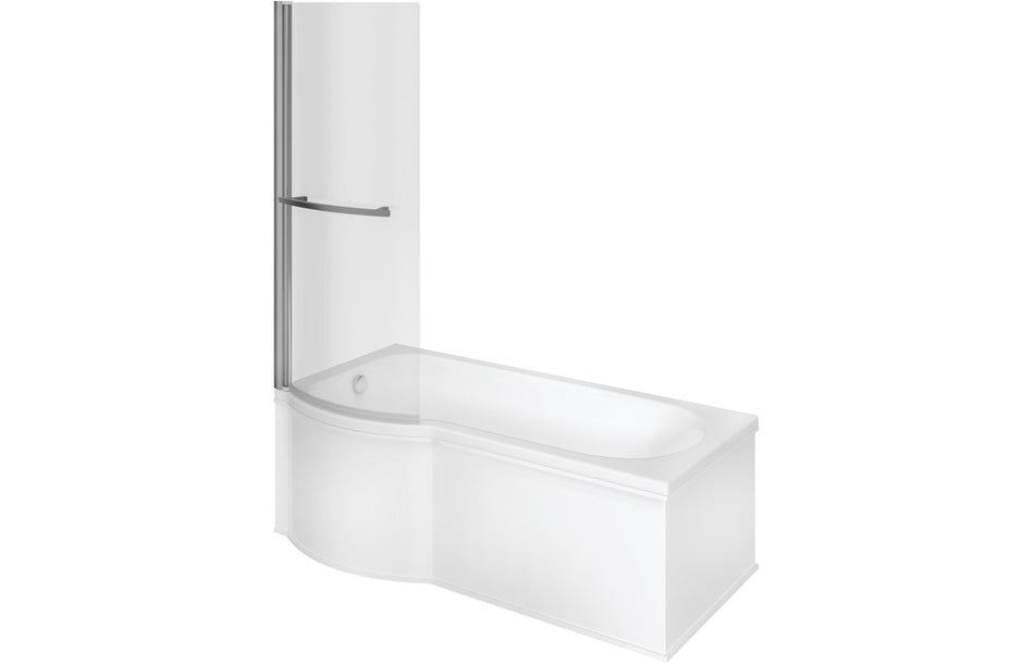 Shower bath with clear glass side panel and wall-mounted support rail