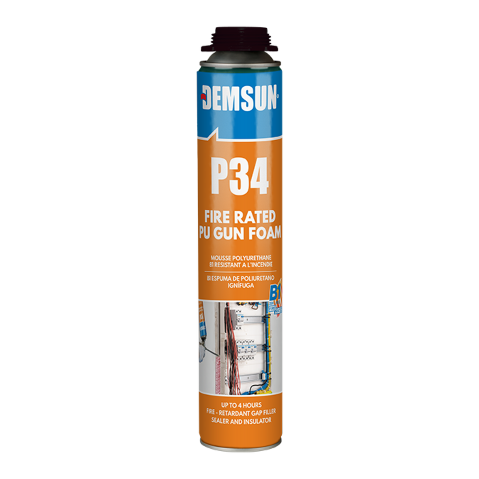 Fire-rated PU gun foam canister with blue and orange P34 label