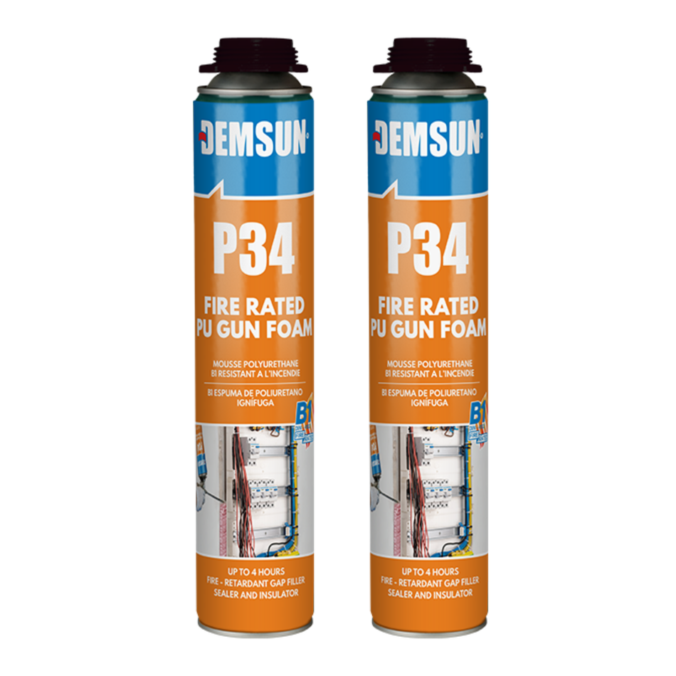 Fire-rated PU gun foam canisters, two-pack, blue and orange labels