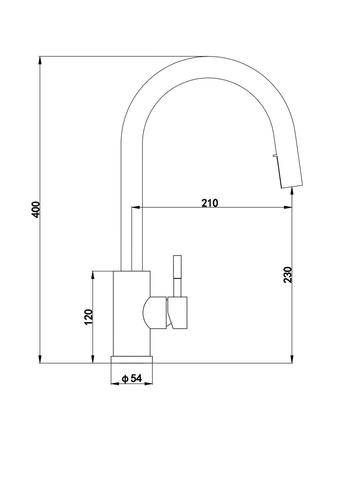 Brushed steel kitchen mixer tap dimension diagram with 400 mm overall height
