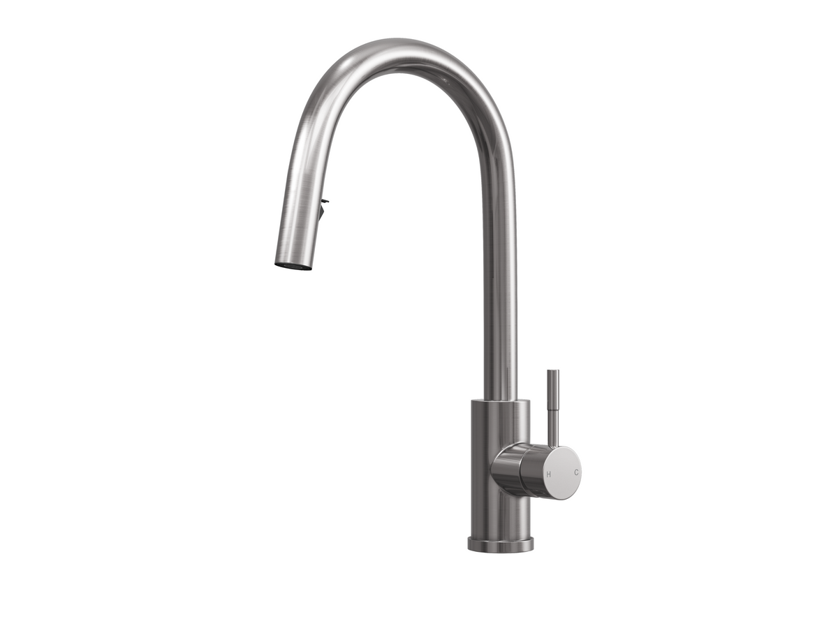Brushed steel kitchen mixer tap with pull-out hose and spray head