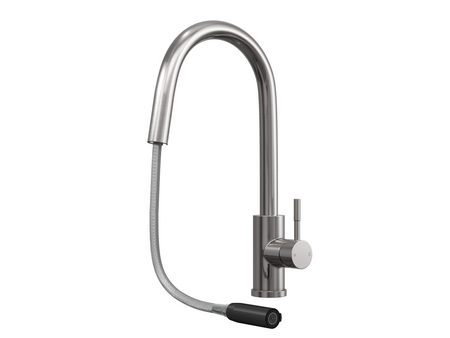 Brushed steel kitchen mixer tap with pull-out hose and spray head, hose extended