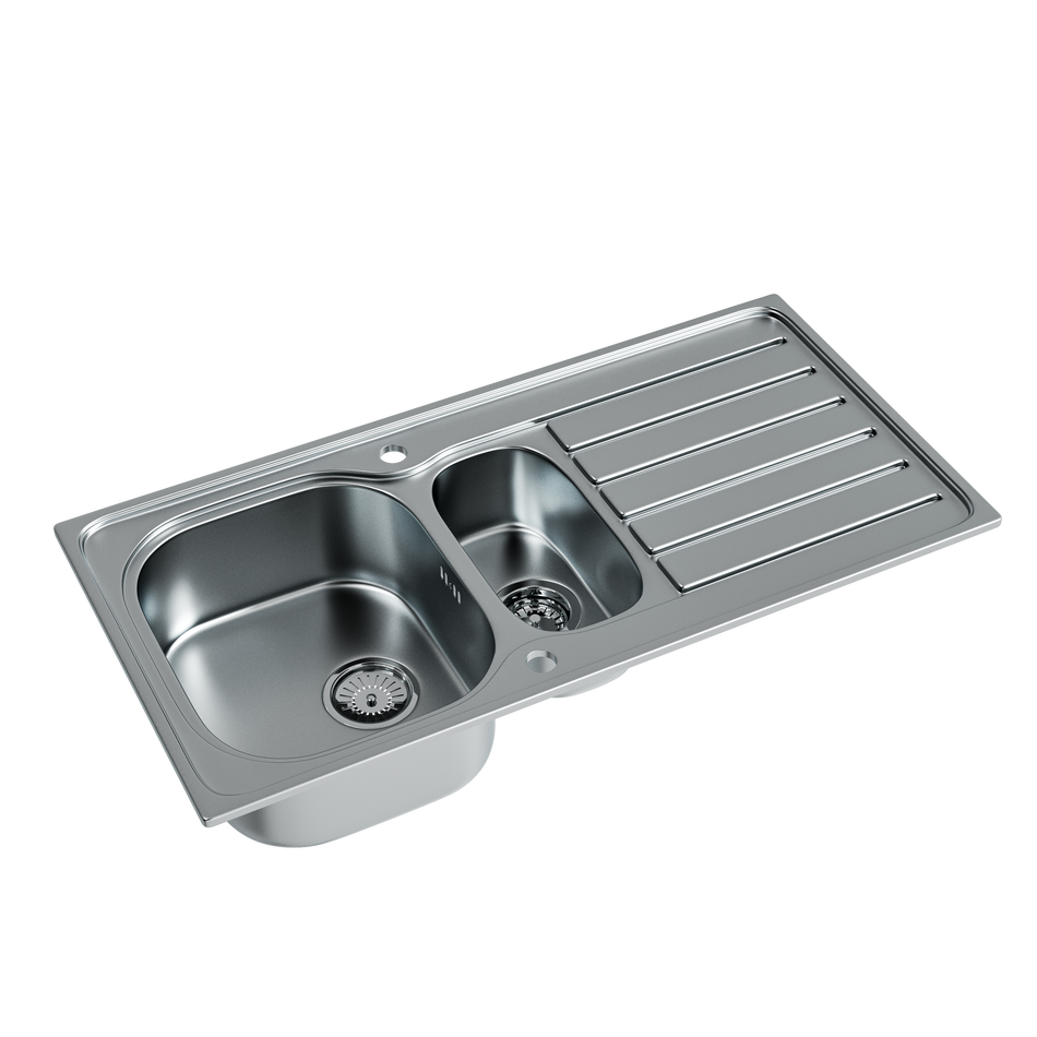 Stainless steel kitchen sink with two inset bowls, drain strainers, and overflow