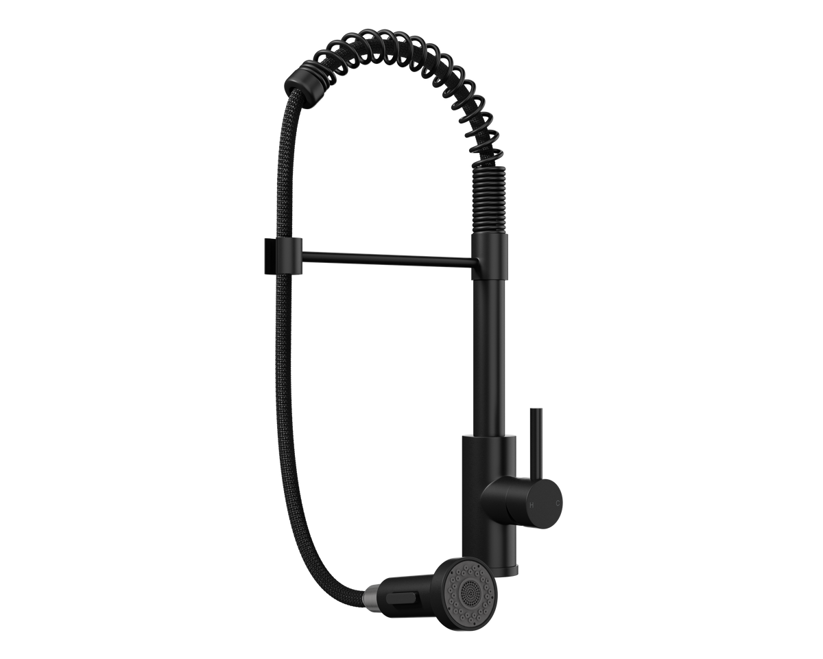 Black kitchen mixer tap with pull-out spray hose and round spray head