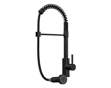 Black kitchen mixer tap with pull-out spray hose and round spray head