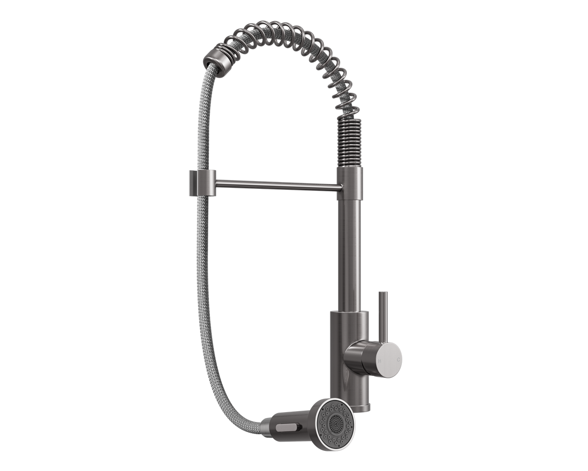 Silver-toned kitchen mixer tap with pull-out spray hose and round spray head