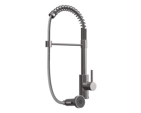Silver-toned kitchen mixer tap with pull-out spray hose and round spray head