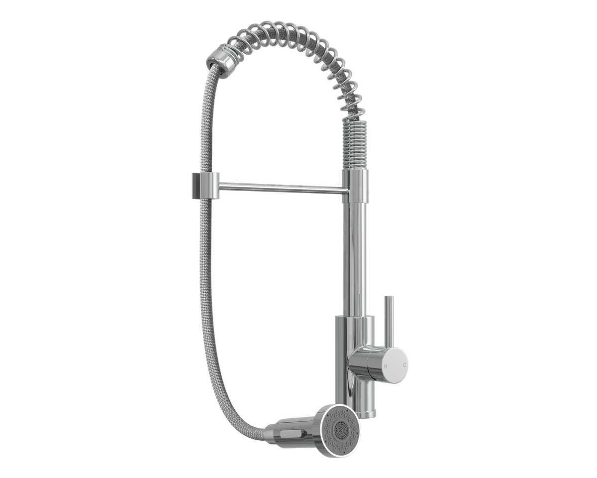 Chrome pull-out spray kitchen mixer tap with flexible hose and round spray head